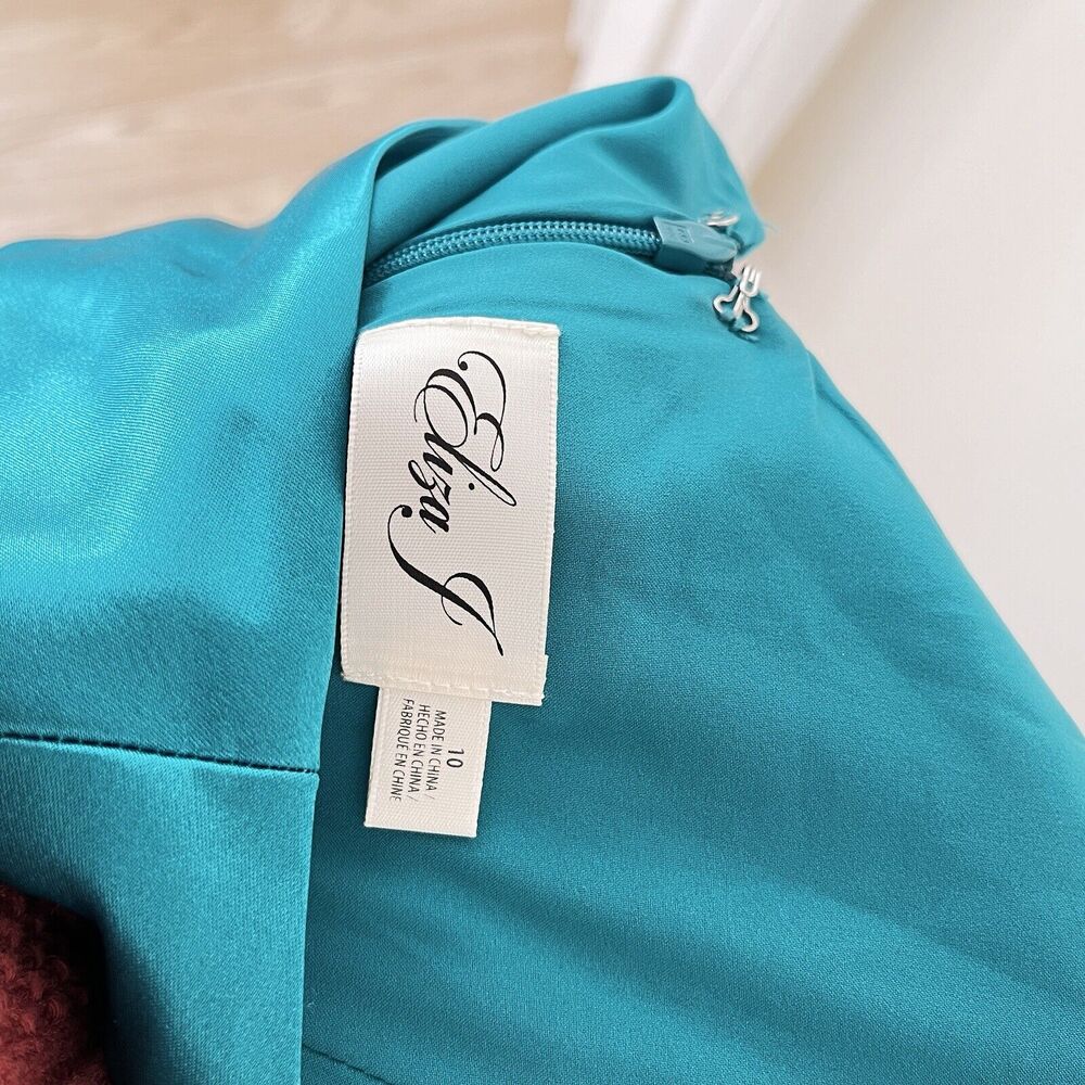 Eliza J Ruffle Satin Jade Green Mermaid Gown Size 10 - Picture 9 of 10